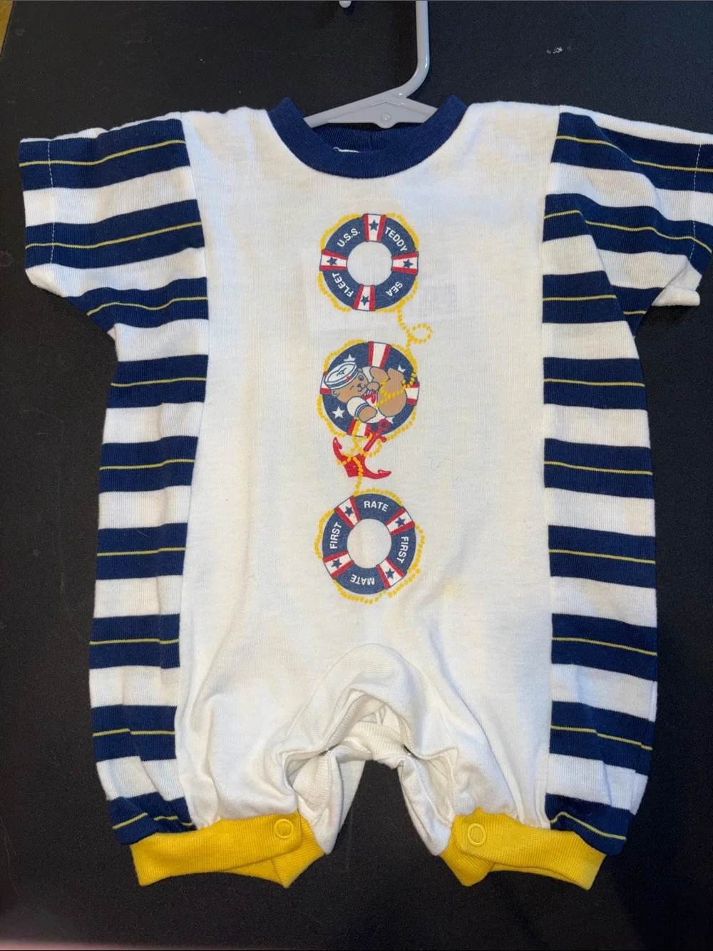 Vintage OshKosh 80’s Navy & White Striped Baby One-Piece Romper. Box YY